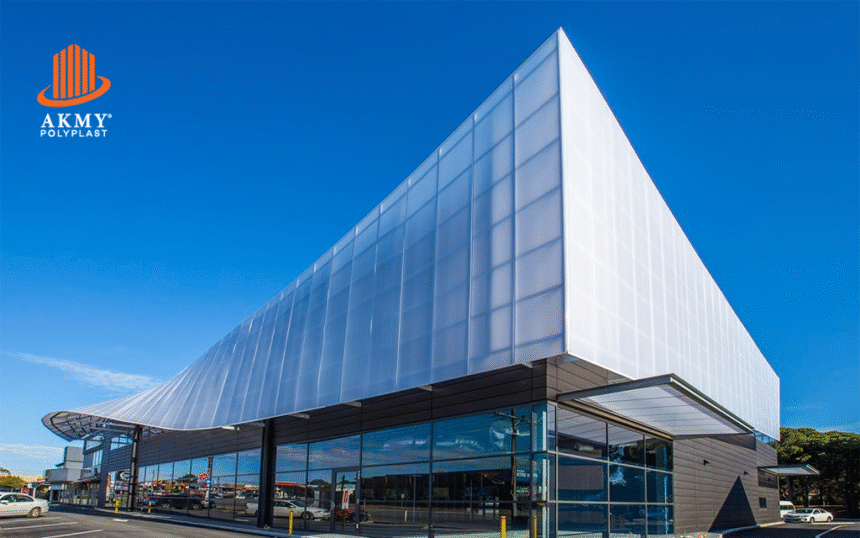 Modern building under construction featuring polycarbonate window panels replacing traditional glass.